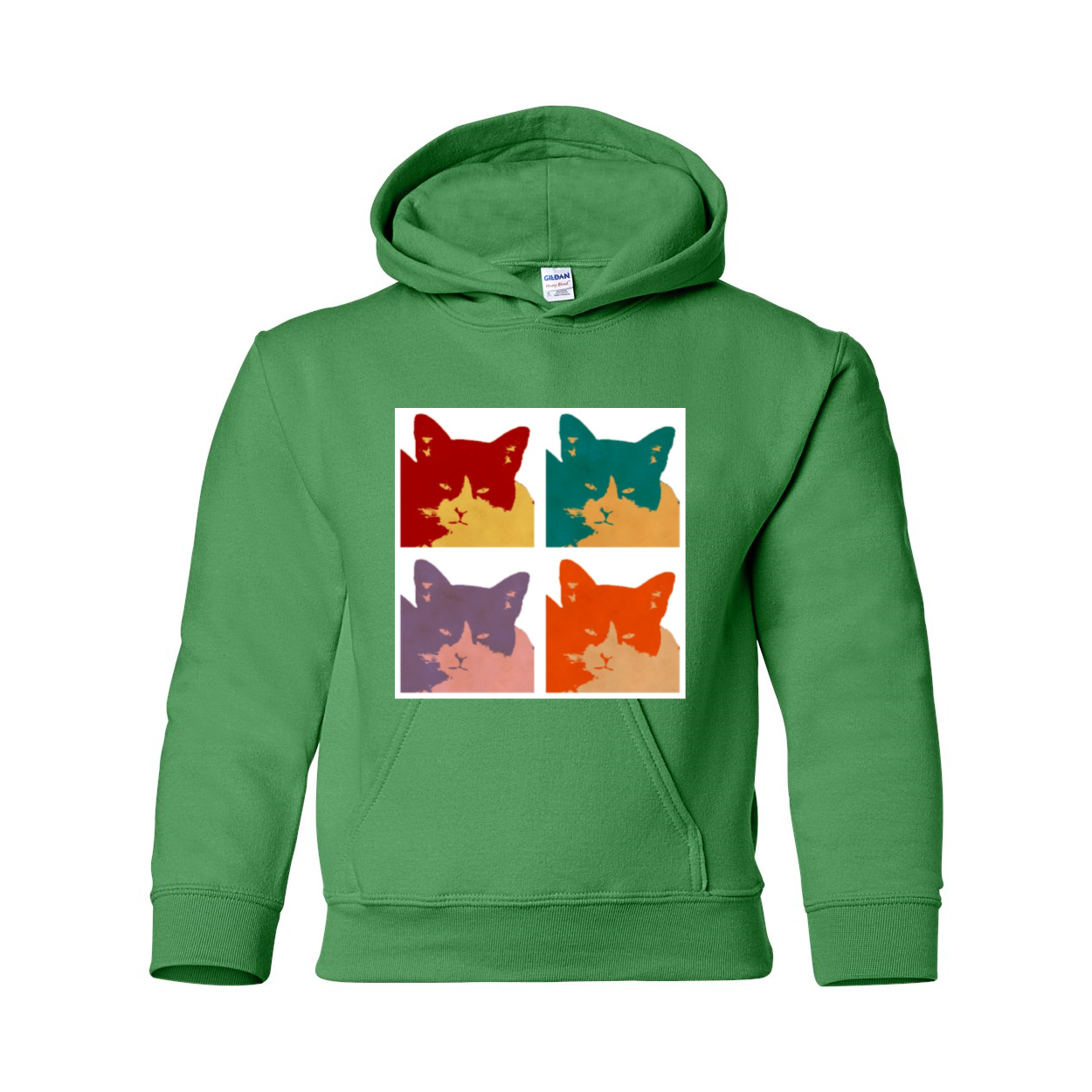 Cats Today Heavy Blend Youth Hooded Sweatshirt in various colors, featuring a double-lined hood and front pouch pocket.