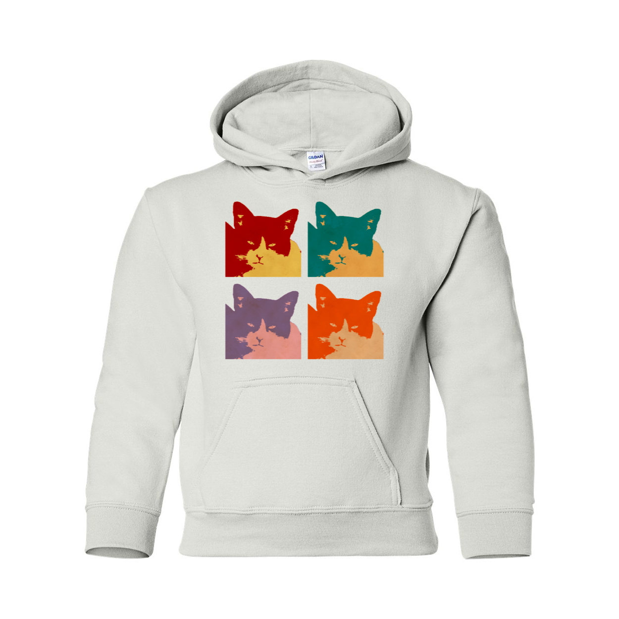 Cats Today Heavy Blend Youth Hooded Sweatshirt in various colors, featuring a double-lined hood and front pouch pocket.
