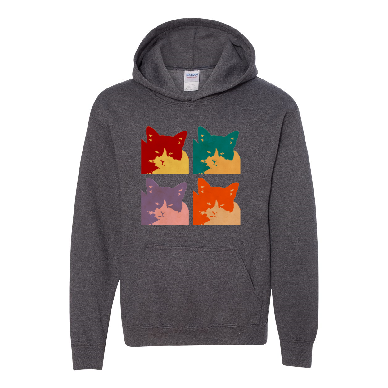 Cats Today Heavy Blend Youth Hooded Sweatshirt in various colors, featuring a double-lined hood and front pouch pocket.