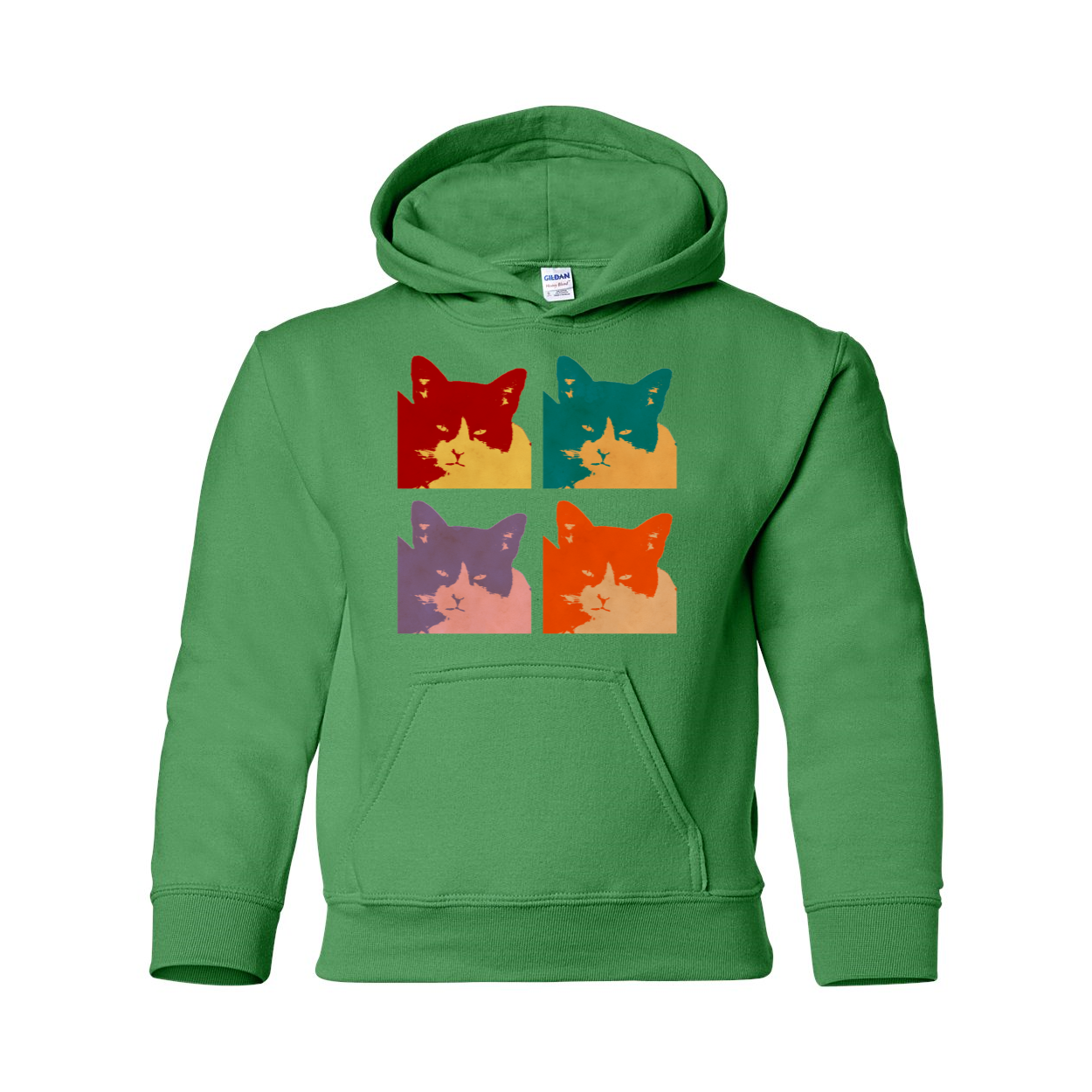 Cats Today Heavy Blend Youth Hooded Sweatshirt in various colors, featuring a double-lined hood and front pouch pocket.