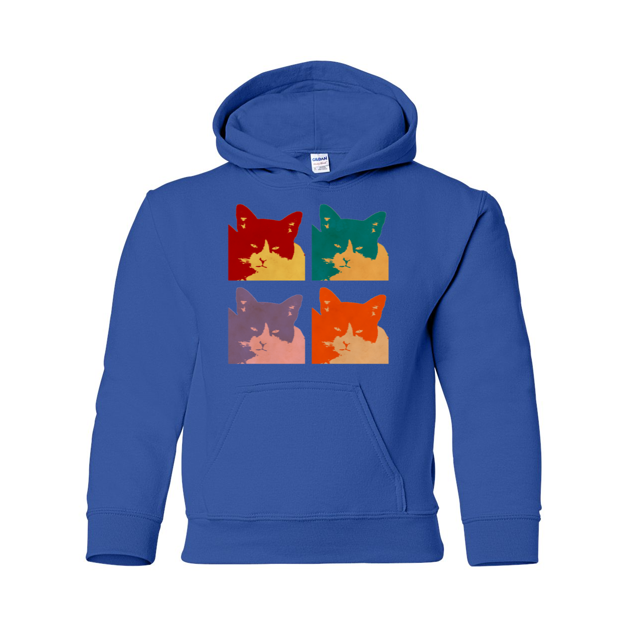 Cats Today Heavy Blend Youth Hooded Sweatshirt in various colors, featuring a double-lined hood and front pouch pocket.