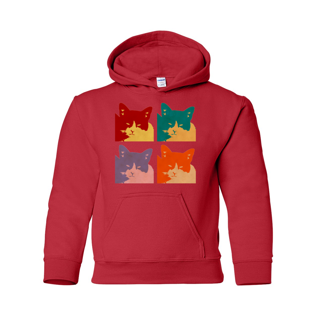 Cats Today Heavy Blend Youth Hooded Sweatshirt in various colors, featuring a double-lined hood and front pouch pocket.