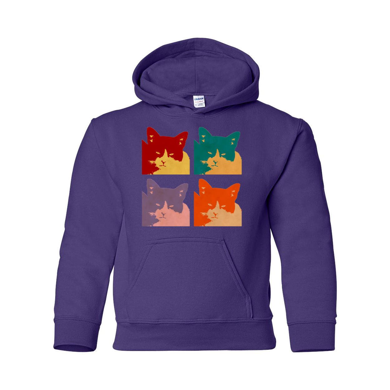 Cats Today Heavy Blend Youth Hooded Sweatshirt in various colors, featuring a double-lined hood and front pouch pocket.