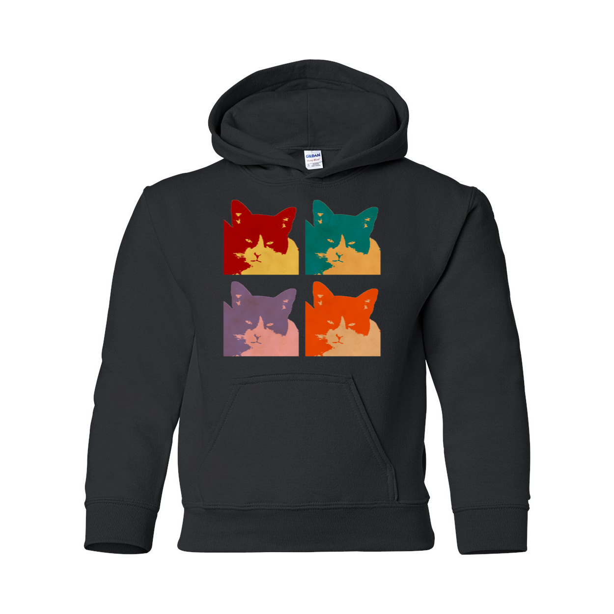 Cats Today Heavy Blend Youth Hooded Sweatshirt in various colors, featuring a double-lined hood and front pouch pocket.