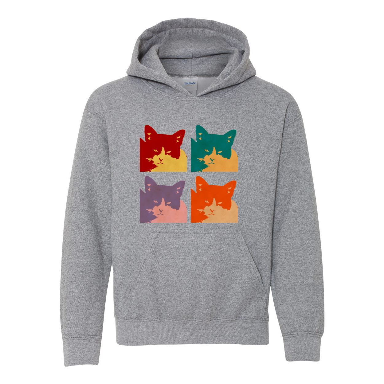 Cats Today Heavy Blend Youth Hooded Sweatshirt in various colors, featuring a double-lined hood and front pouch pocket.