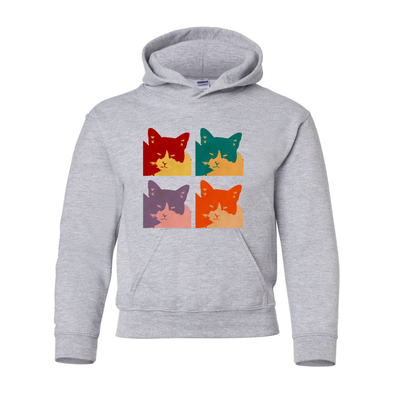 Cats Today Heavy Blend Youth Hooded Sweatshirt in various colors, featuring a double-lined hood and front pouch pocket.