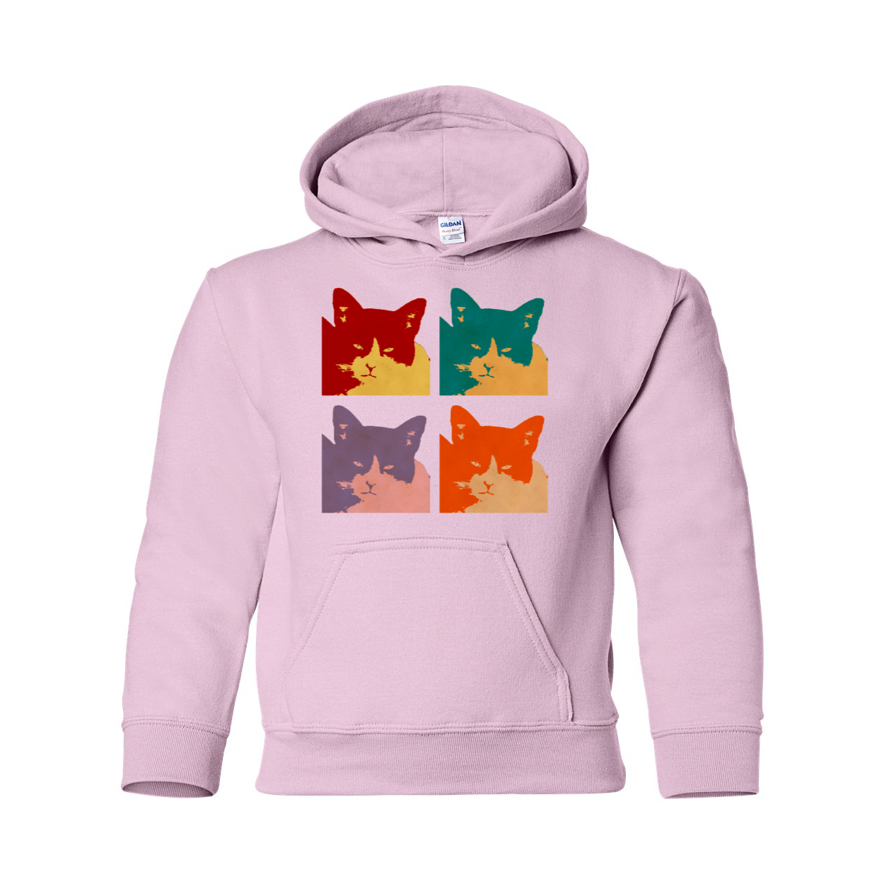 Cats Today Heavy Blend Youth Hooded Sweatshirt in various colors, featuring a double-lined hood and front pouch pocket.