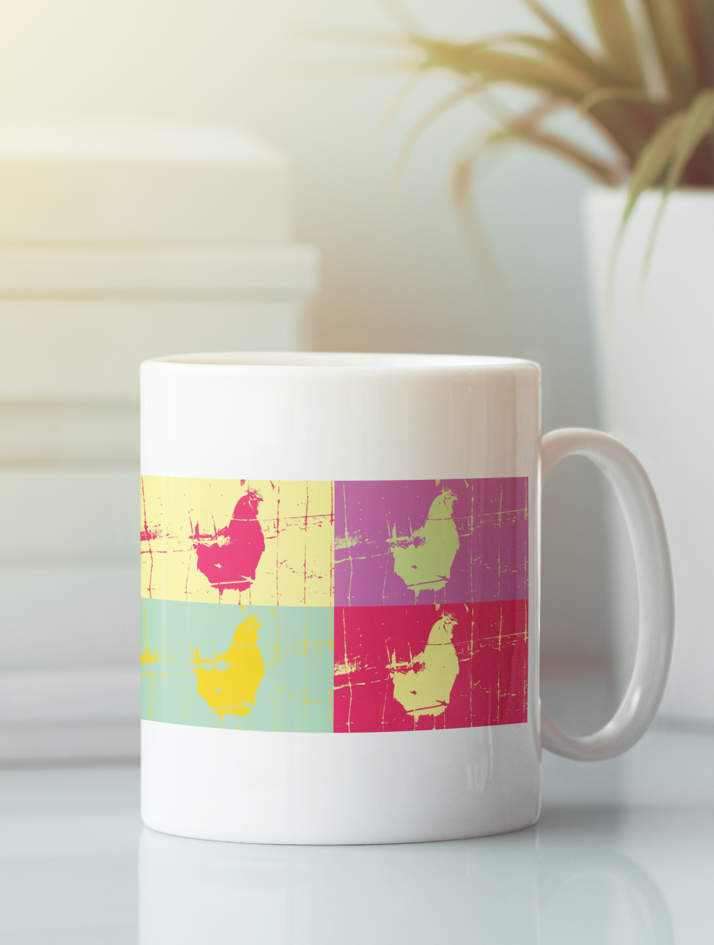 Colorful Chicken 4-Panel Abstract Pop Art Print titled Barnyard Hero, showcasing vibrant abstract chickens in a playful design.