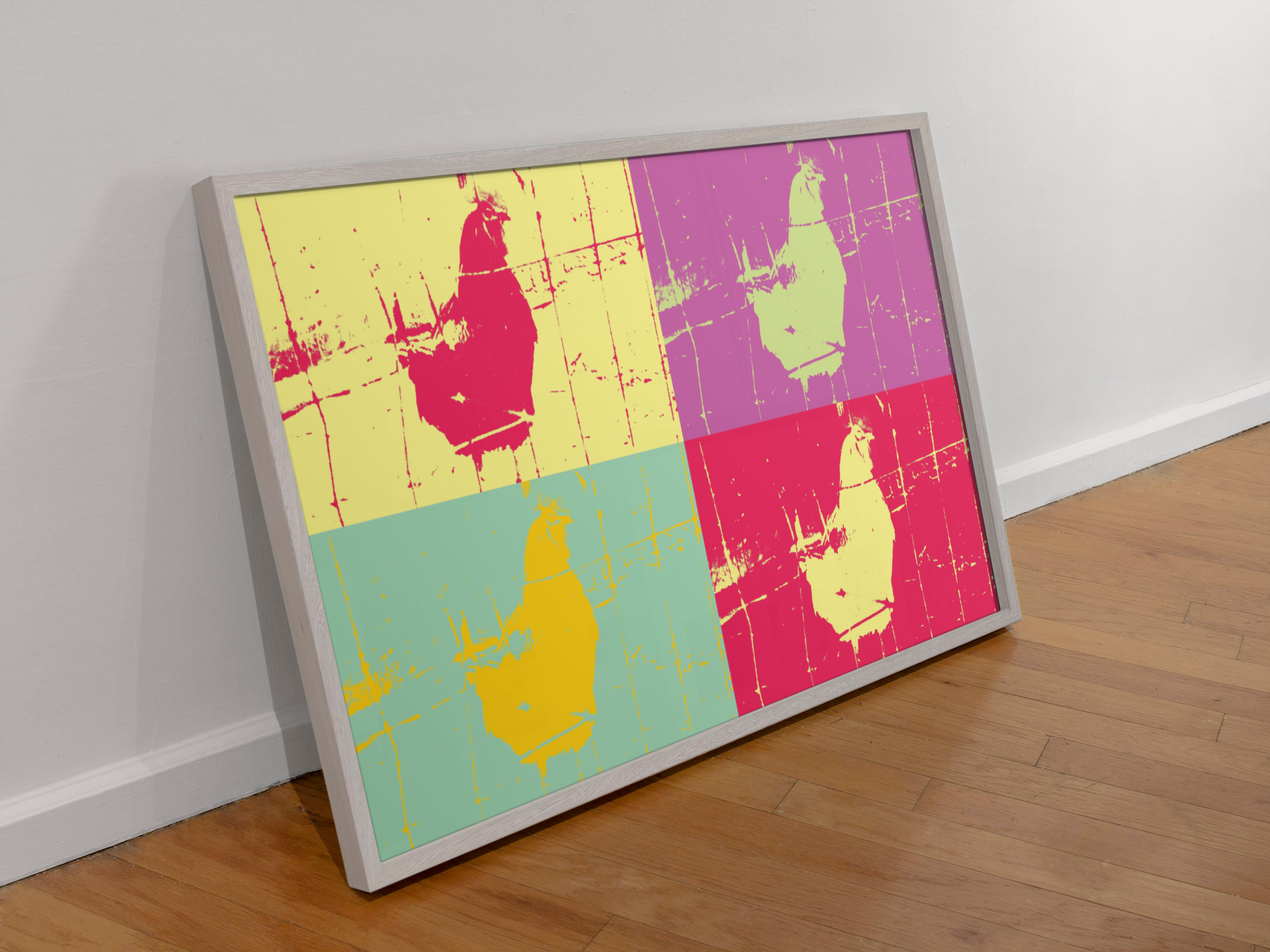 Colorful Chicken 4-Panel Abstract Pop Art Print titled Barnyard Hero, showcasing vibrant abstract chickens in a playful design.