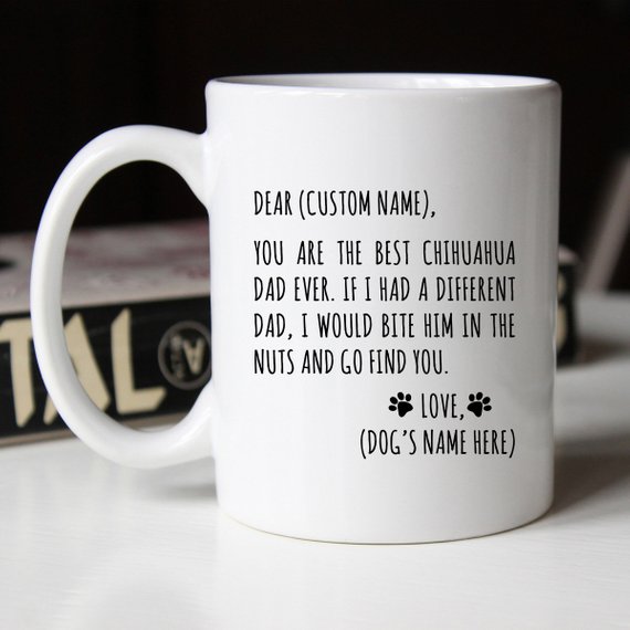 A white ceramic mug featuring a vibrant Chihuahua design, perfect for Chihuahua dads, available in 11 and 15 oz sizes.