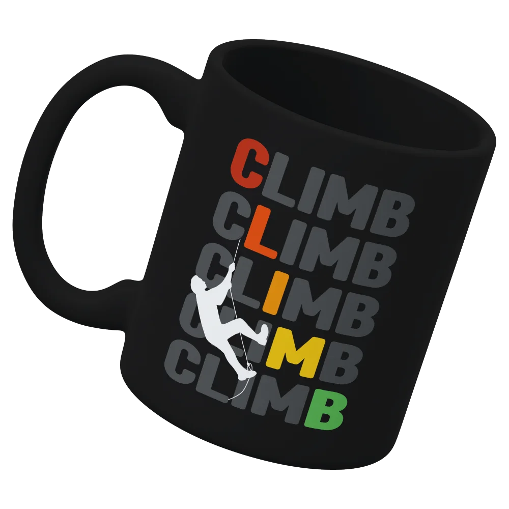 Climbbbbb 11oz Mug featuring vibrant UV printed designs, sturdy ceramic construction, and a glazed finish for easy cleaning.