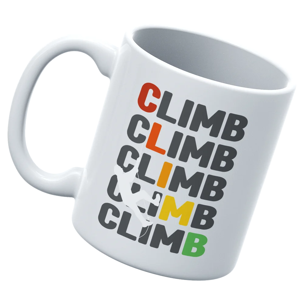 Climbbbbb 11oz Mug featuring vibrant UV printed designs, sturdy ceramic construction, and a glazed finish for easy cleaning.