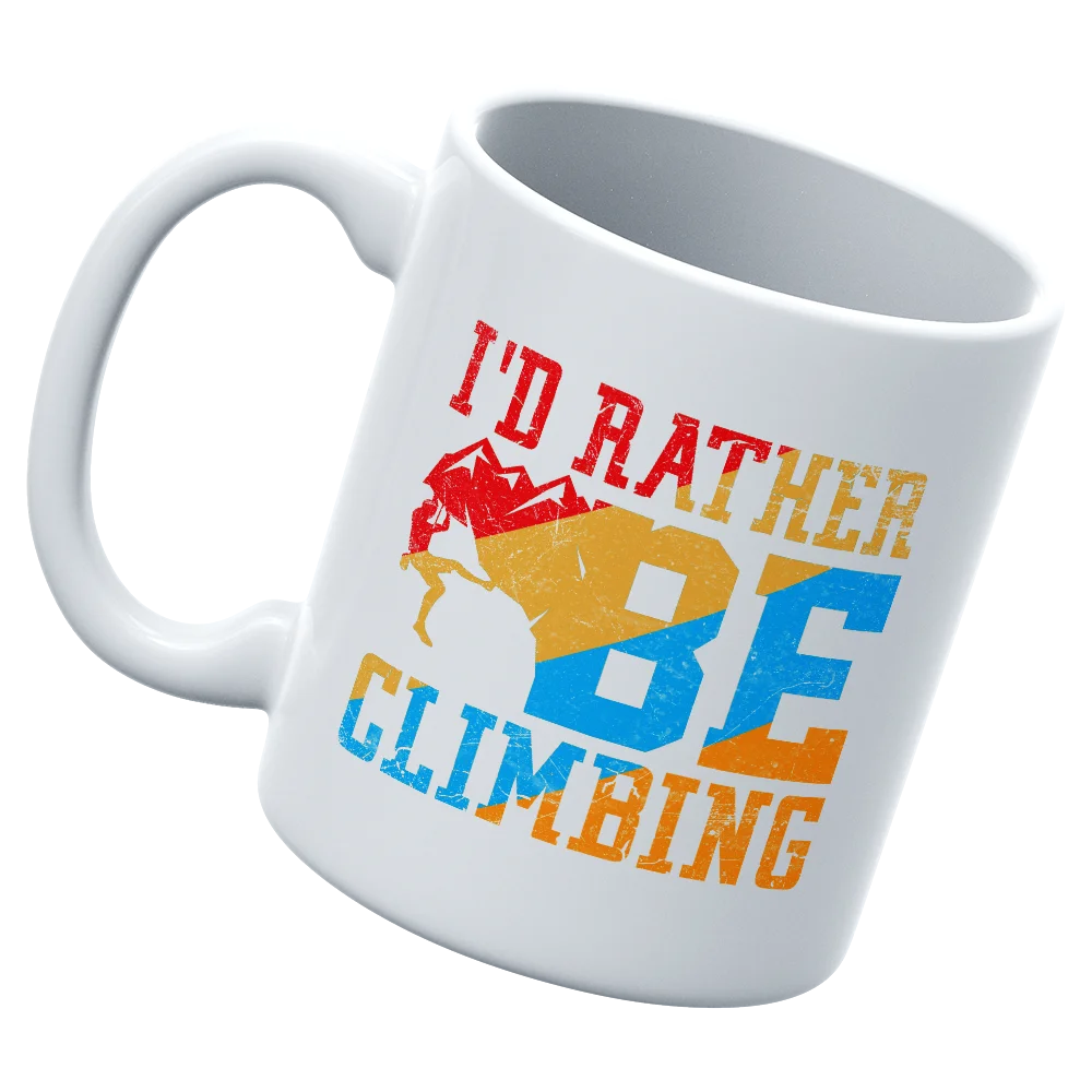 Climbing I'd Rather Be Climbing 11oz Mug with a vibrant UV printed design, showcasing a climber's passion for outdoor adventures.