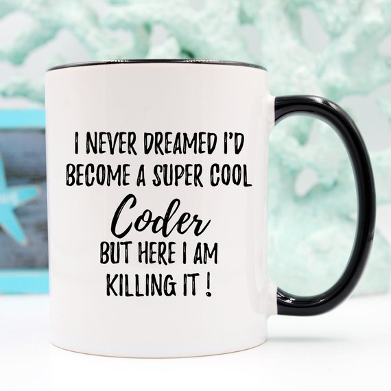 A stylish white ceramic coder mug featuring a vibrant design printed on both sides, perfect for coffee lovers and programmers.