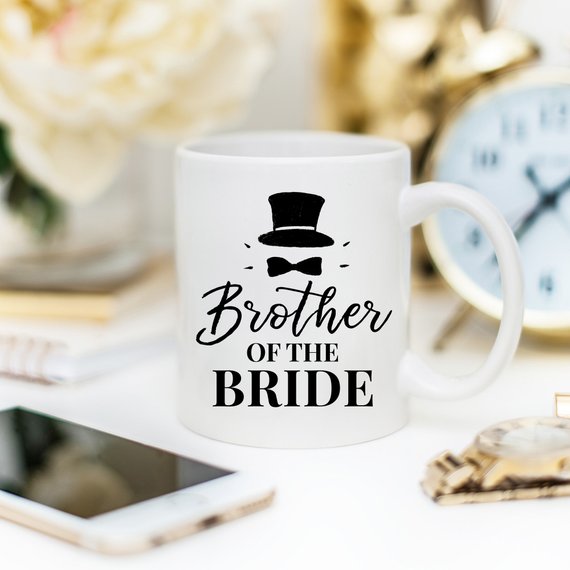 Brother Of The Bride funny coffee mug featuring a top hat design, perfect for gifting.