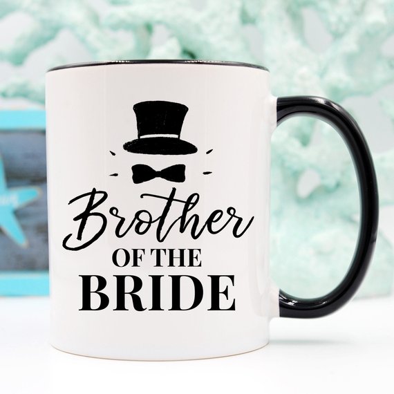 Brother Of The Bride funny coffee mug featuring a top hat design, perfect for gifting.