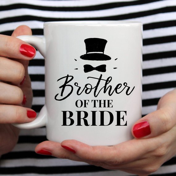 Brother Of The Bride funny coffee mug featuring a top hat design, perfect for gifting.