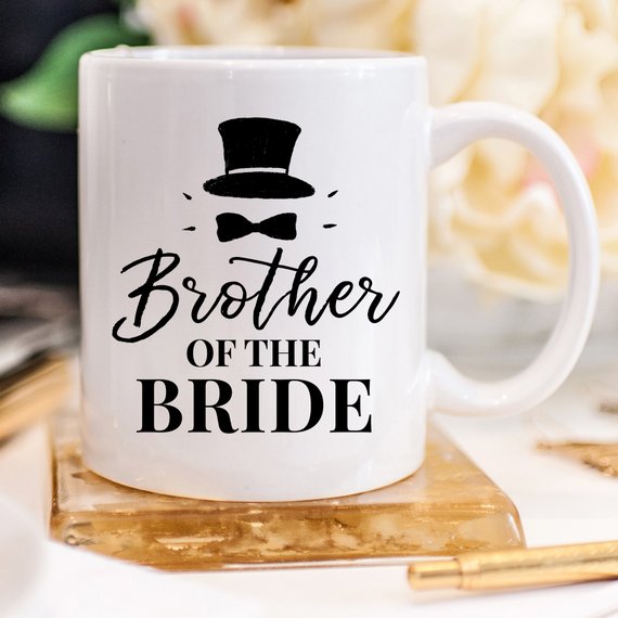 Brother Of The Bride funny coffee mug featuring a top hat design, perfect for gifting.