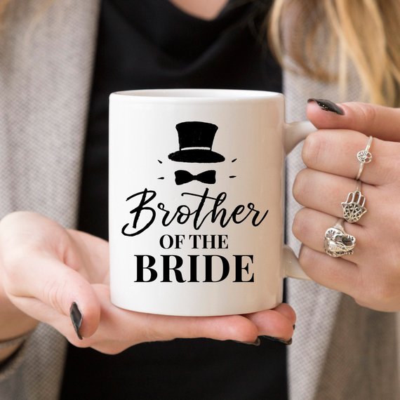 Brother Of The Bride funny coffee mug featuring a top hat design, perfect for gifting.