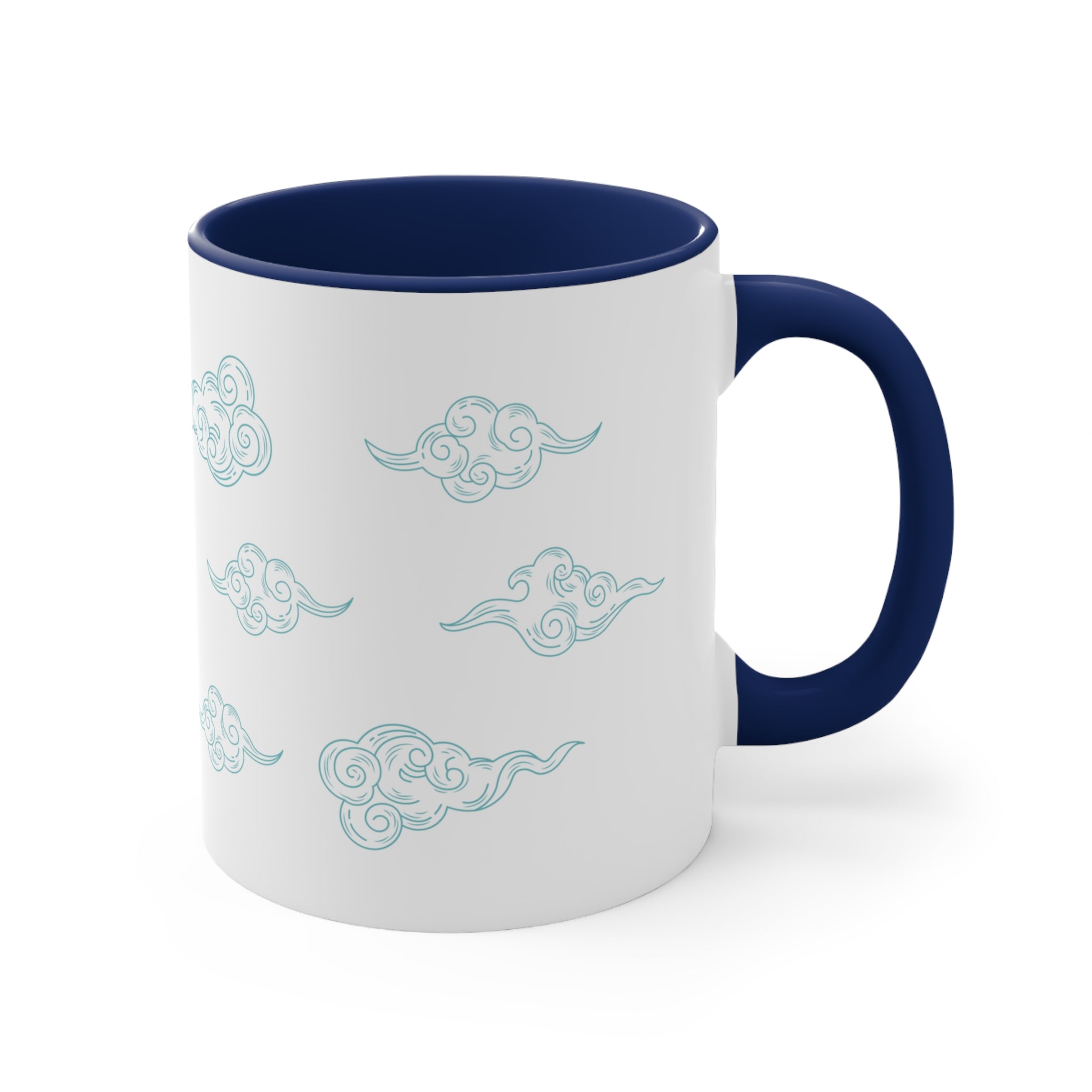 Contrasting Floating Clouds Coffee Tea Mug with a white exterior and colorful interior, perfect for coffee, tea, or hot chocolate.