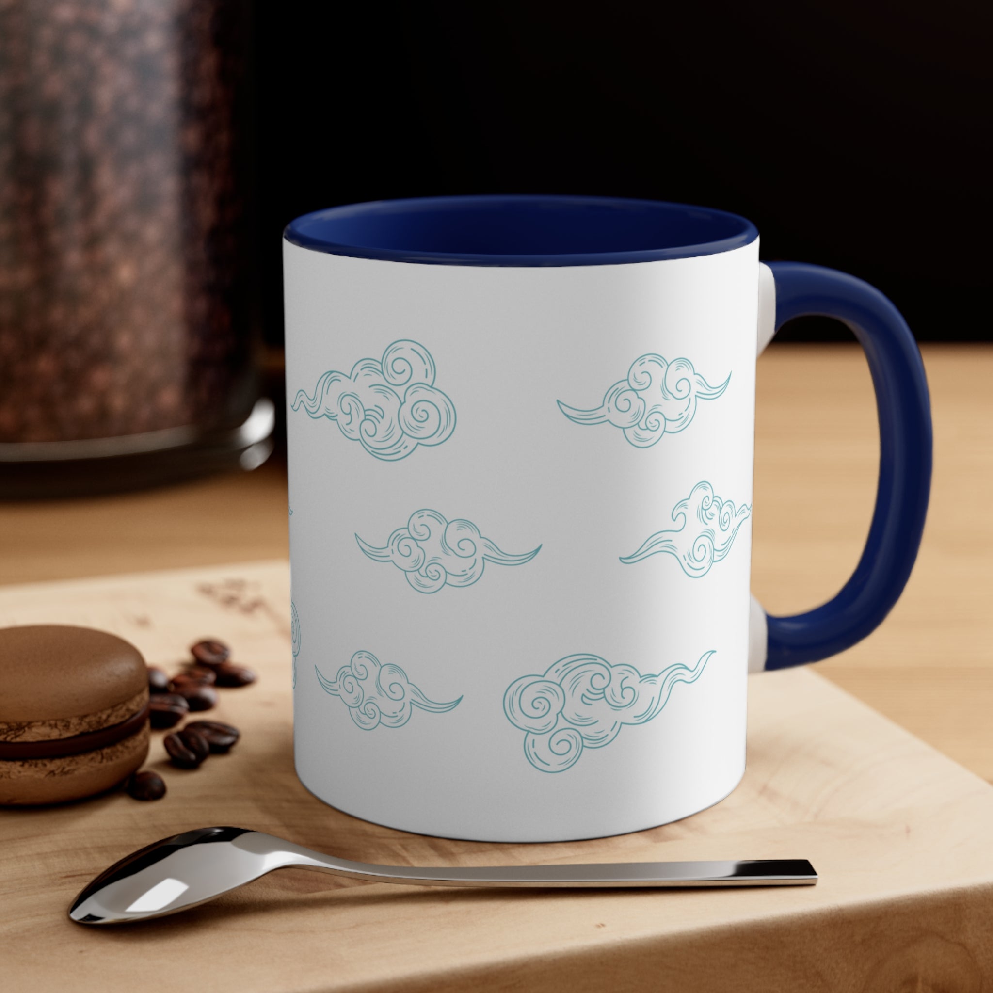 Contrasting Floating Clouds Coffee Tea Mug with a white exterior and colorful interior, perfect for coffee, tea, or hot chocolate.