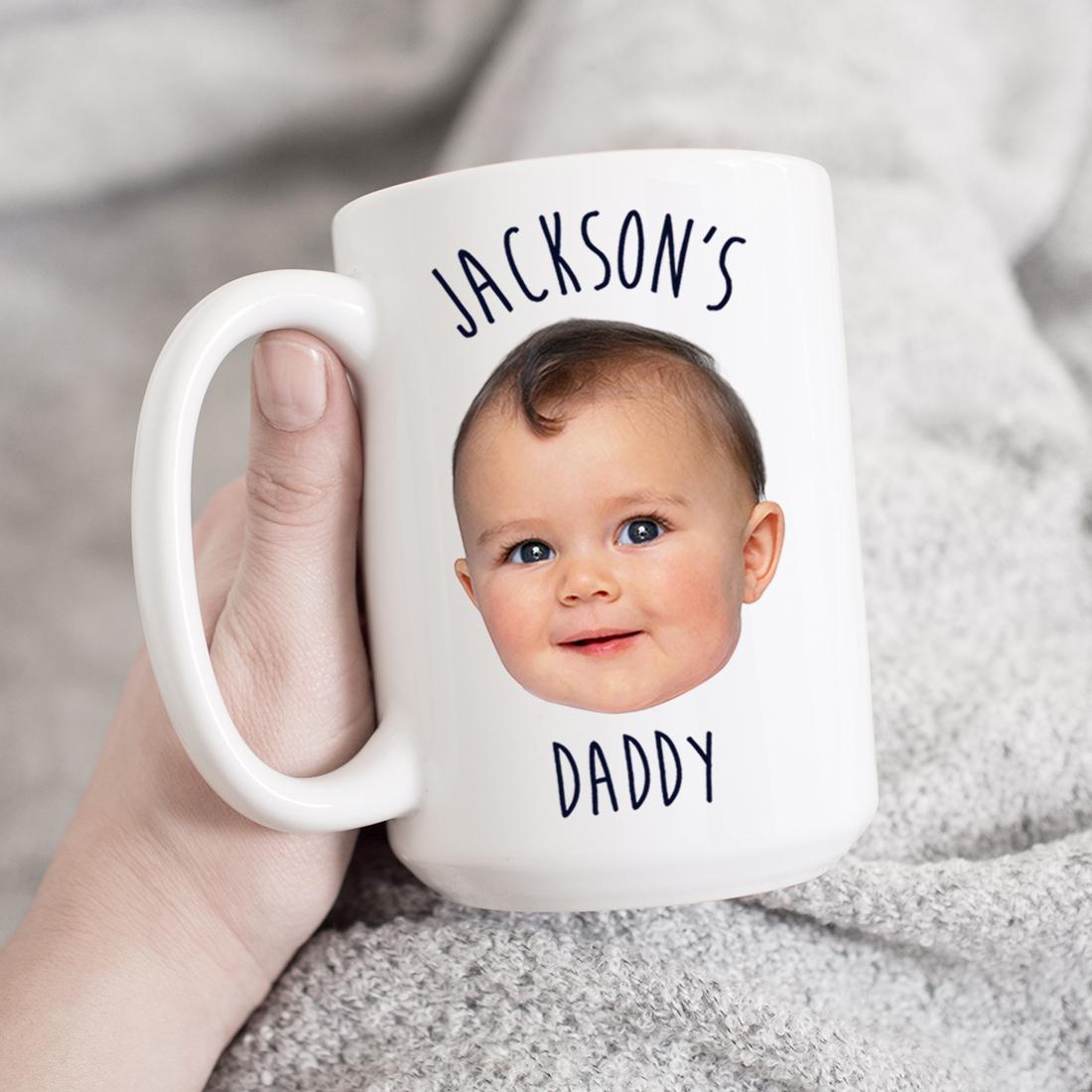 Customized photo gift mug featuring a personal image and text, ideal for coffee and tea lovers.
