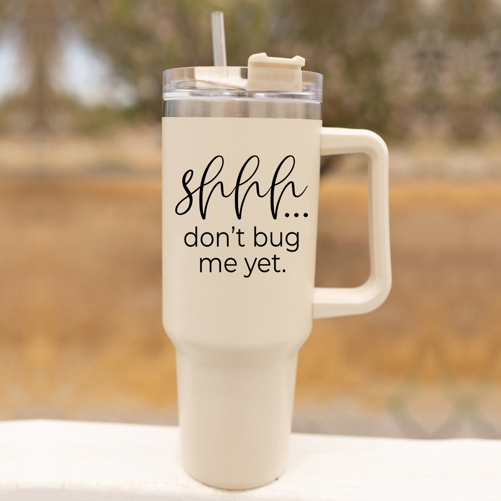 Don't Bug Me 40oz insulated mug with matte finish, featuring a handle, straw, and versatile 3-in-1 lid.