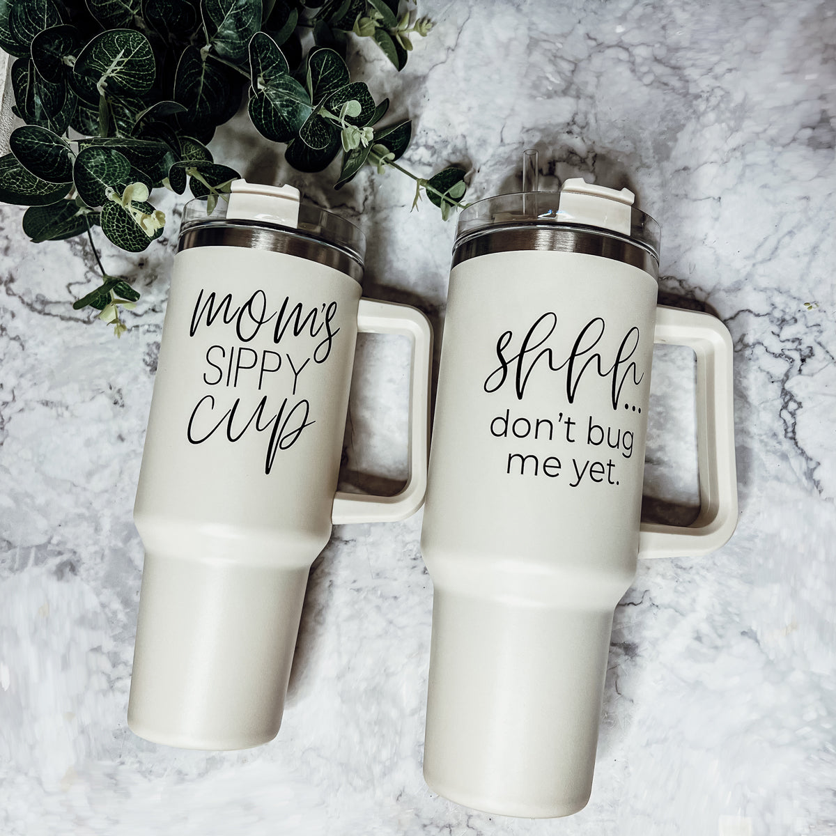 Don't Bug Me 40oz insulated mug with matte finish, featuring a handle, straw, and versatile 3-in-1 lid.