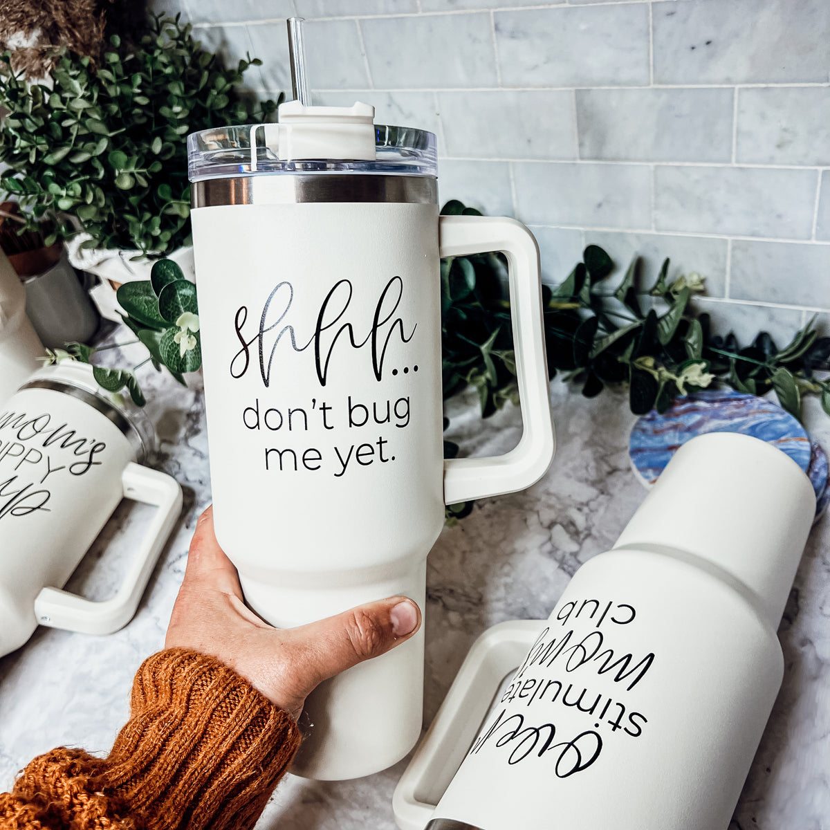 Don't Bug Me 40oz insulated mug with matte finish, featuring a handle, straw, and versatile 3-in-1 lid.