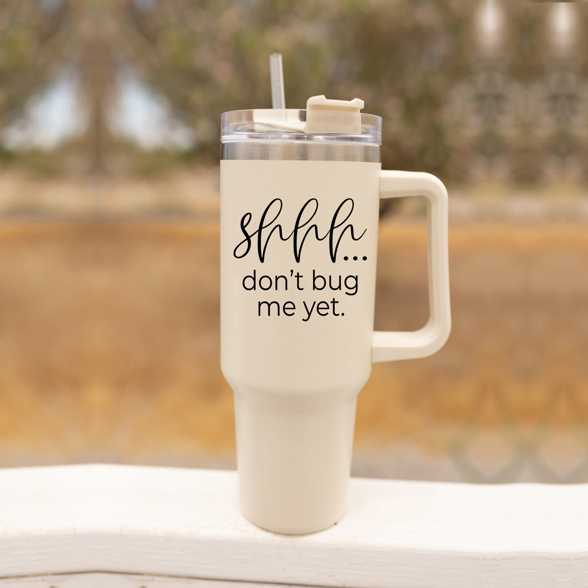 Don't Bug Me 40oz insulated mug with matte finish, featuring a handle, straw, and versatile 3-in-1 lid.