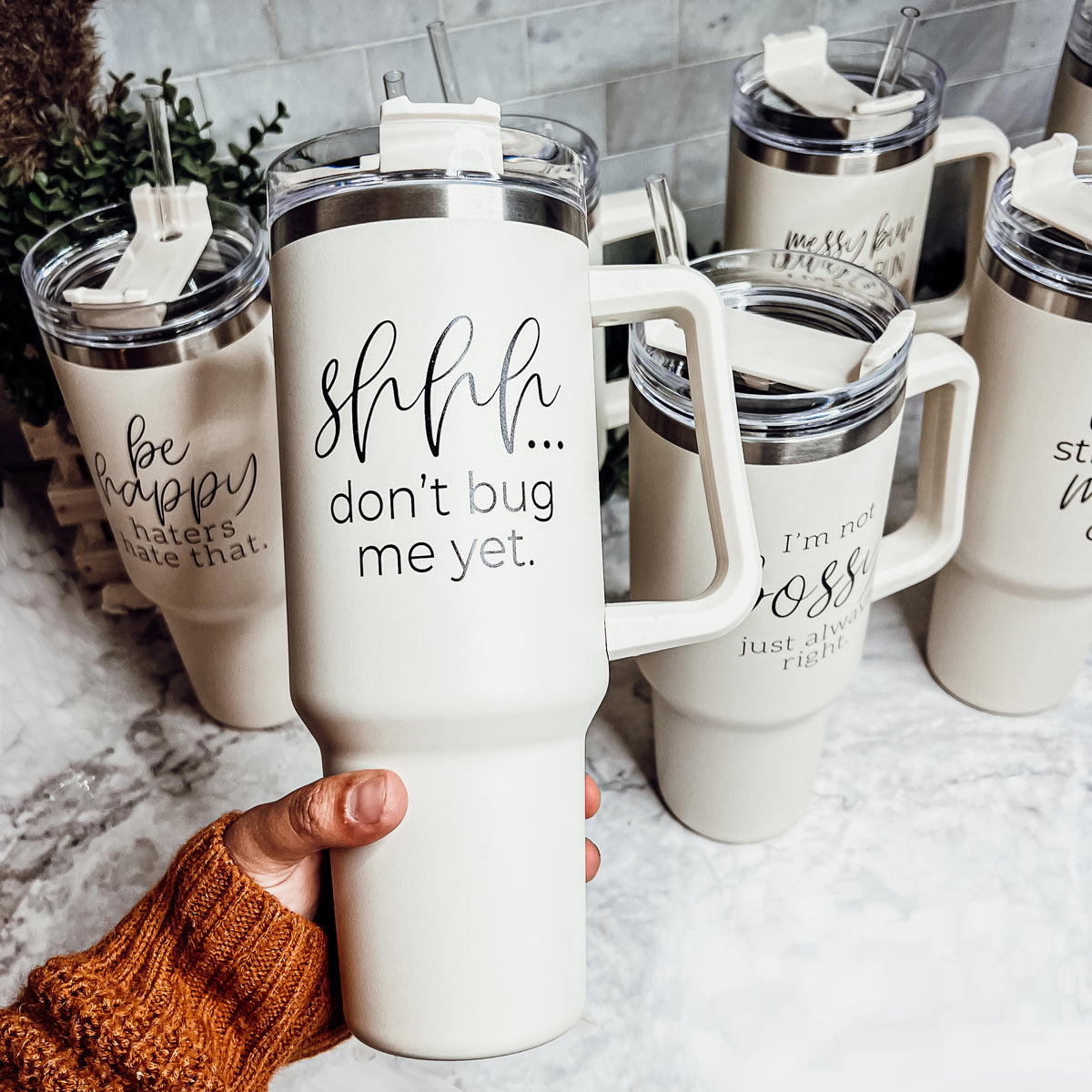 Don't Bug Me 40oz insulated mug with matte finish, featuring a handle, straw, and versatile 3-in-1 lid.