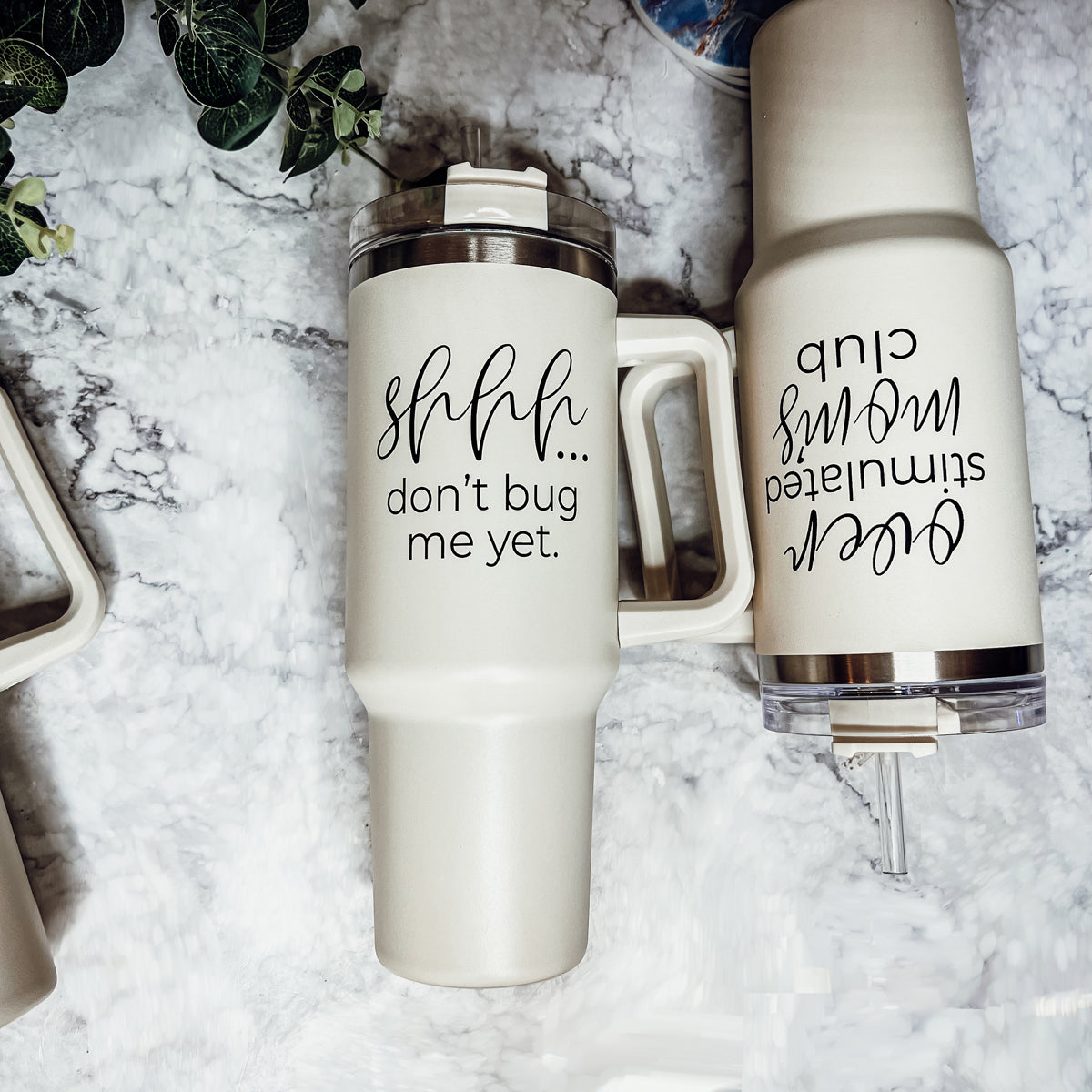 Don't Bug Me 40oz insulated mug with matte finish, featuring a handle, straw, and versatile 3-in-1 lid.