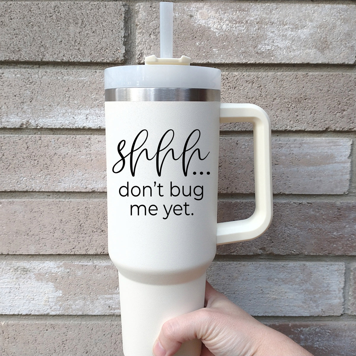 Don't Bug Me 40oz insulated mug with matte finish, featuring a handle, straw, and versatile 3-in-1 lid.