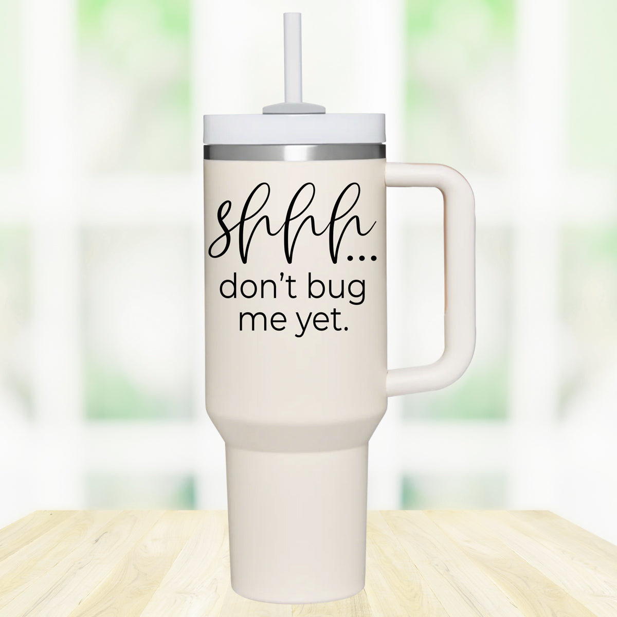 Don't Bug Me 40oz insulated mug with matte finish, featuring a handle, straw, and versatile 3-in-1 lid.