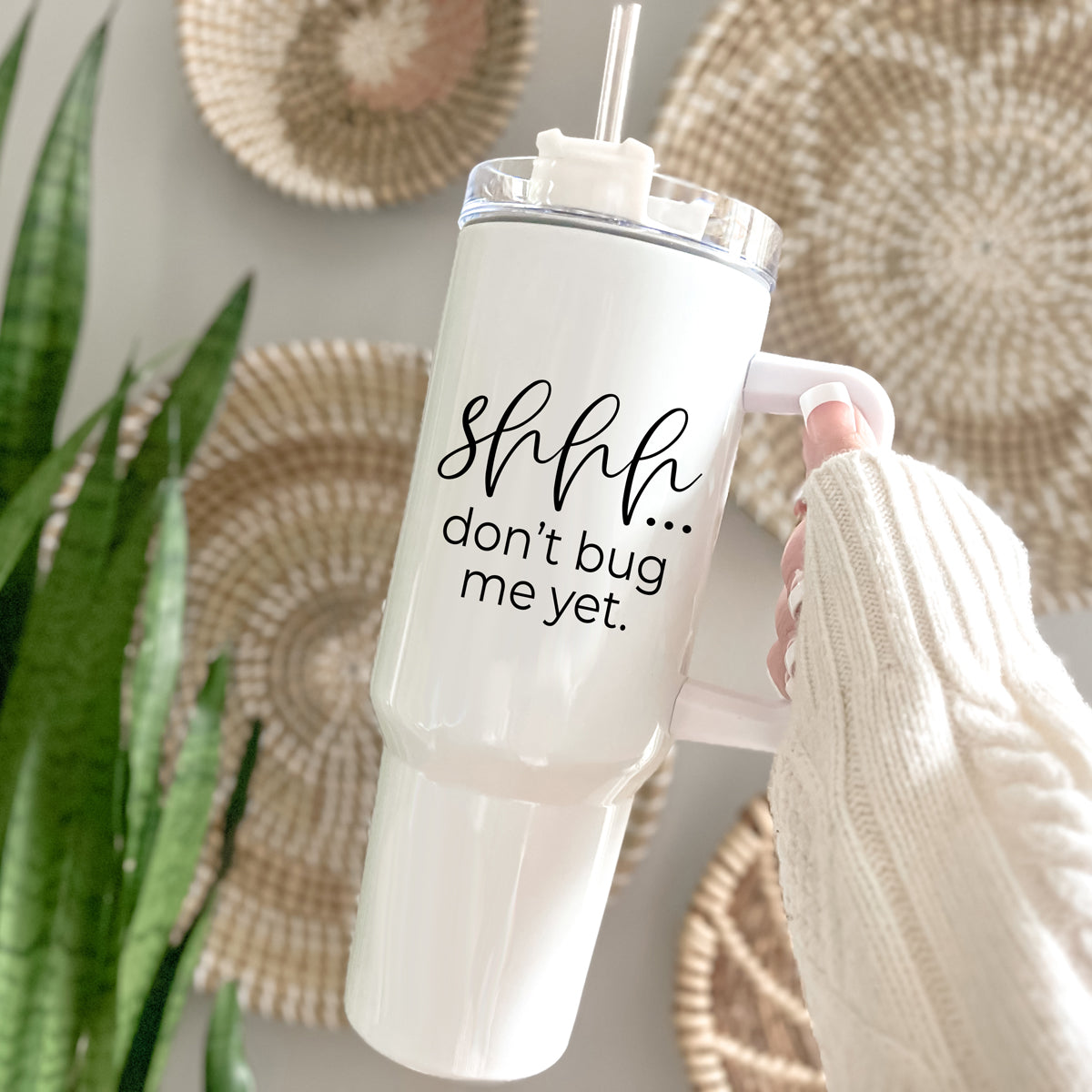 Don't Bug Me 40oz insulated mug with matte finish, featuring a handle, straw, and versatile 3-in-1 lid.