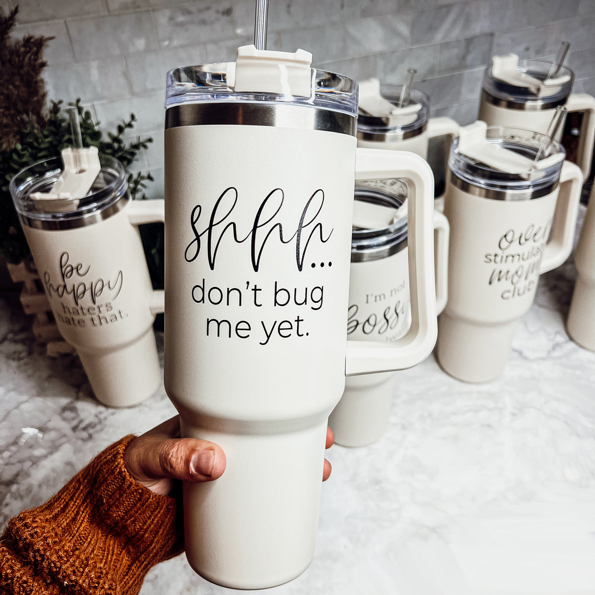 Don't Bug Me 40oz insulated mug with matte finish, featuring a handle, straw, and versatile 3-in-1 lid.