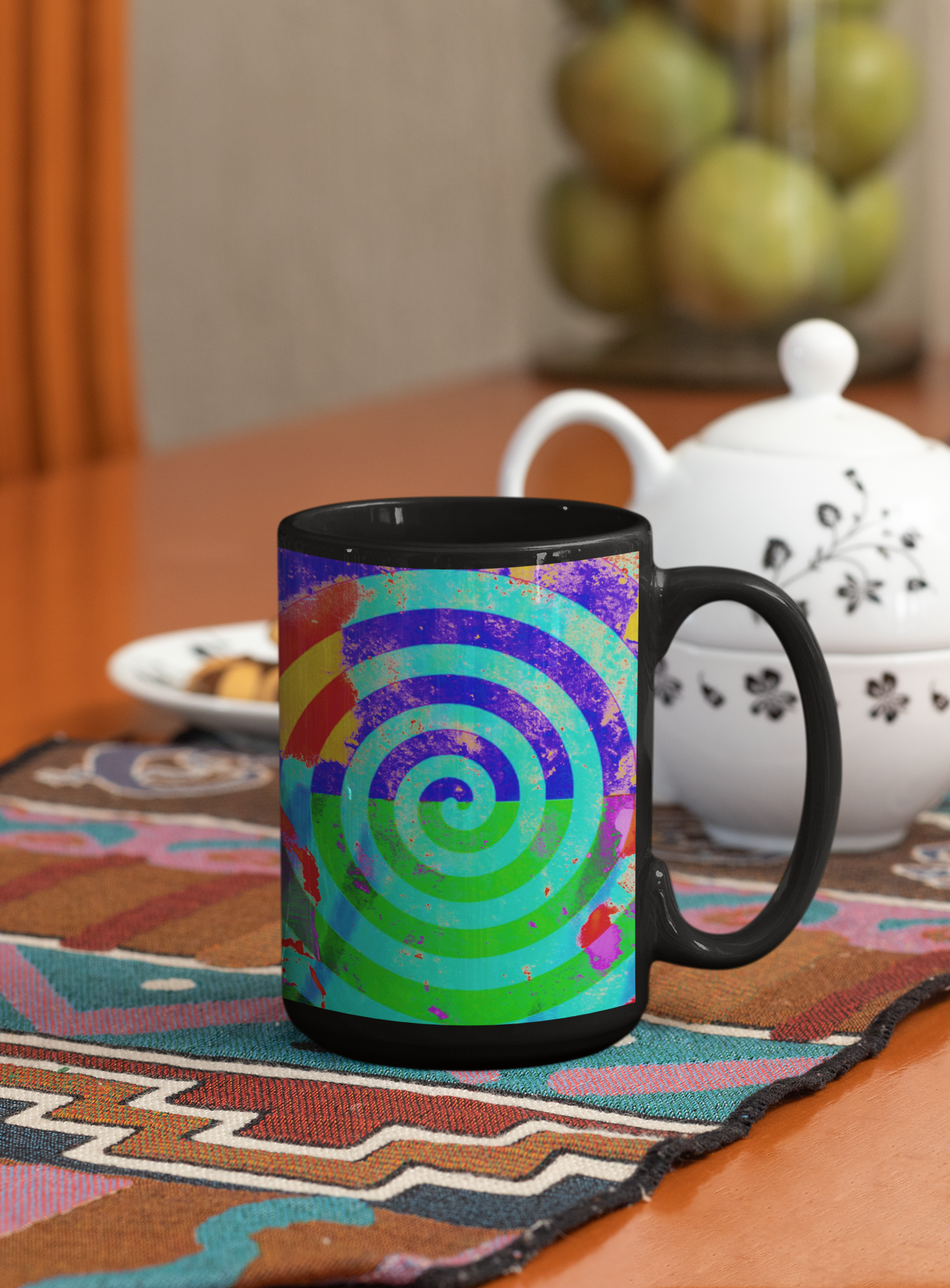 Fender Bender Abstract Pop Art Coffee Mug featuring a vibrant multi-colored spiral design, perfect for coffee or tea.