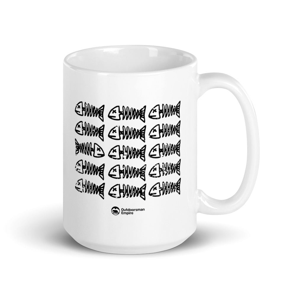 Fish Bones 11oz Mug with a unique fish bones design, showcasing its sturdy ceramic build and vibrant UV printed graphics.
