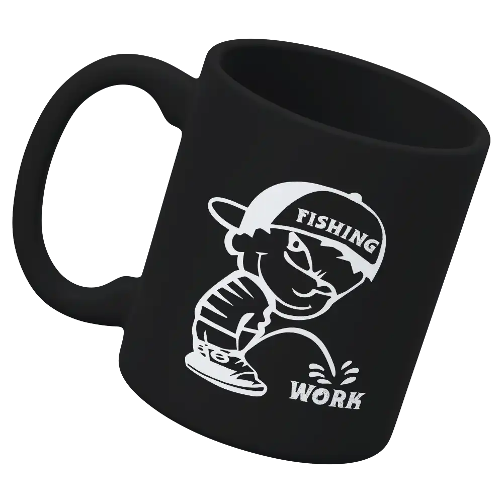 Fishing And Work 11oz Mug with UV printed design, showcasing its sturdy ceramic build and glazed finish.