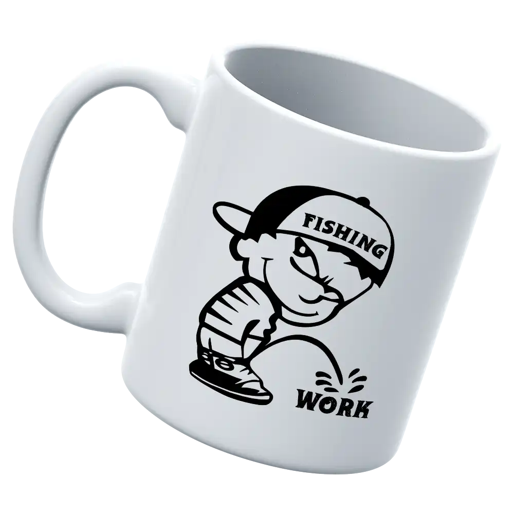 Fishing And Work 11oz Mug with UV printed design, showcasing its sturdy ceramic build and glazed finish.