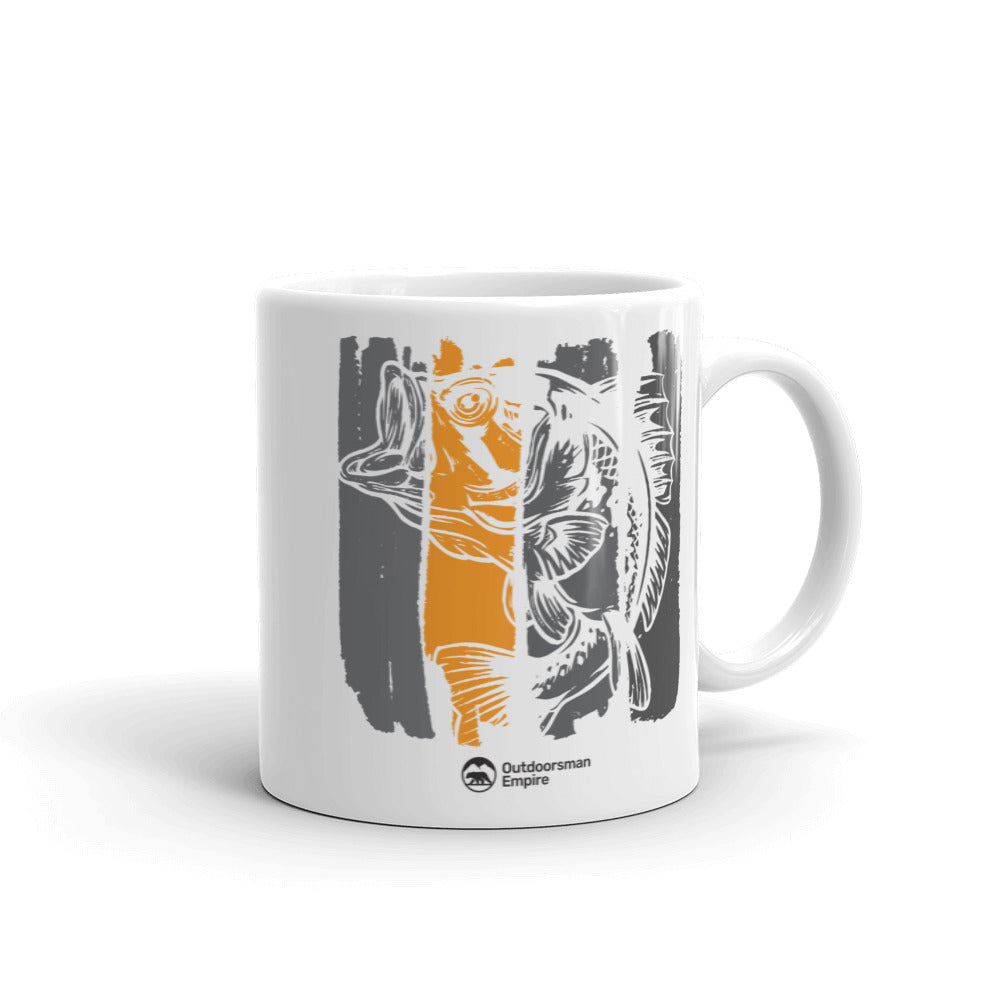 Fishing Grunge Bars 11oz Mug with UV printed design showcasing fishing themes, sturdy ceramic construction, and glazed finish.