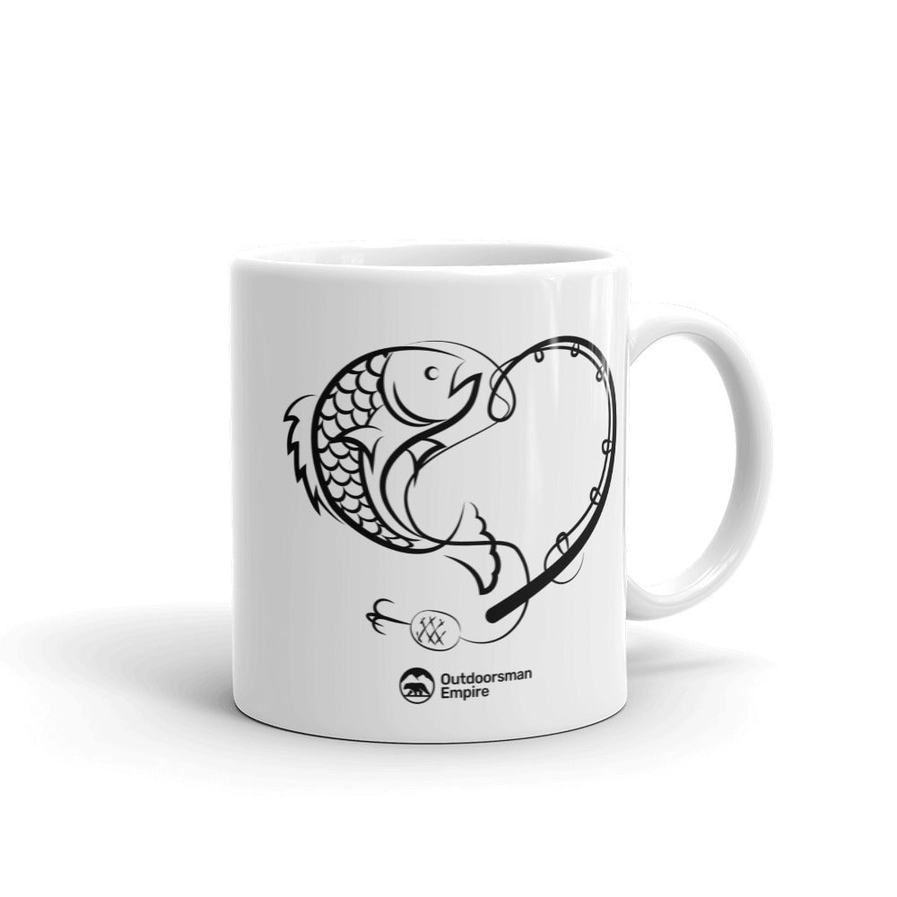 Fishing Heart 11oz Mug with UV printed design, showcasing a fishing theme and a sturdy ceramic build.