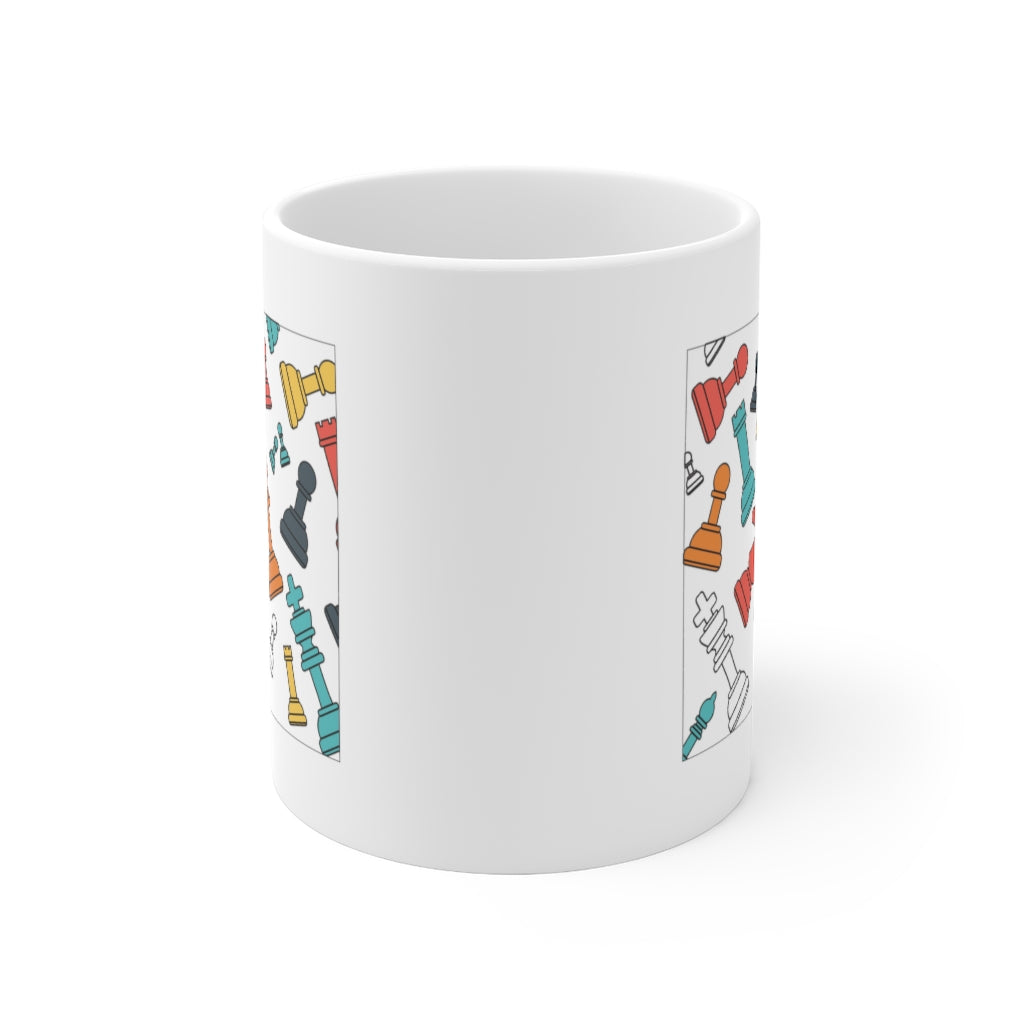 Floating Chess Pieces Ceramic Mug with unique design, 11oz capacity, white durable ceramic, perfect for coffee and tea lovers.