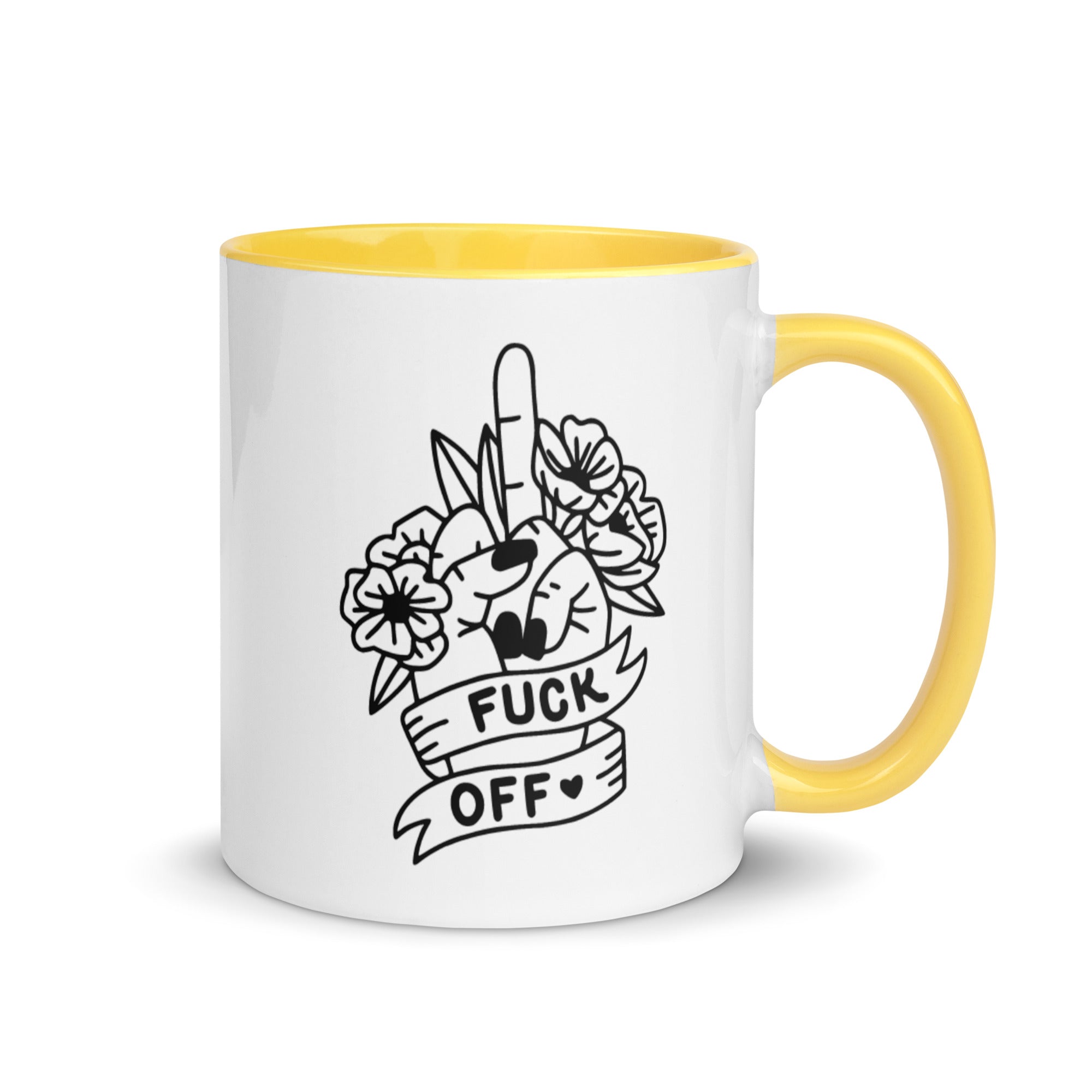 Colorful ceramic Fuck Off Mug with vibrant rim and handle, perfect for coffee or tea.