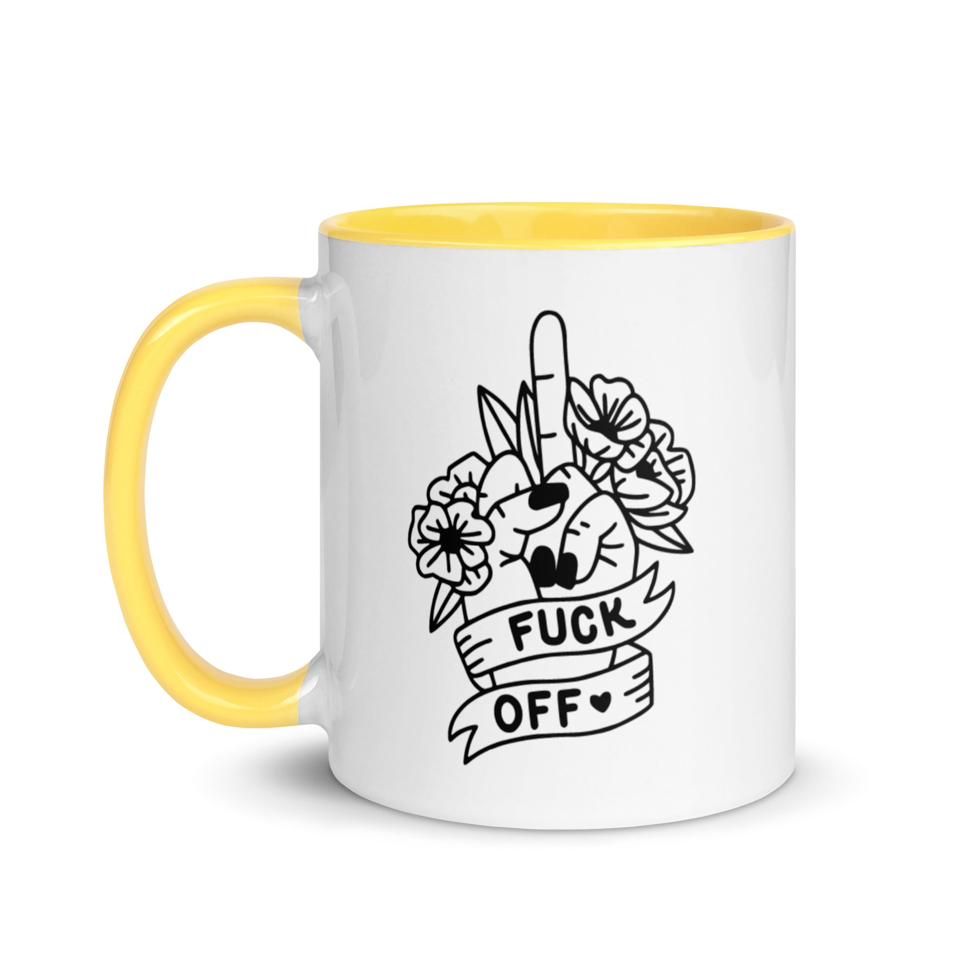Colorful ceramic Fuck Off Mug with vibrant rim and handle, perfect for coffee or tea.