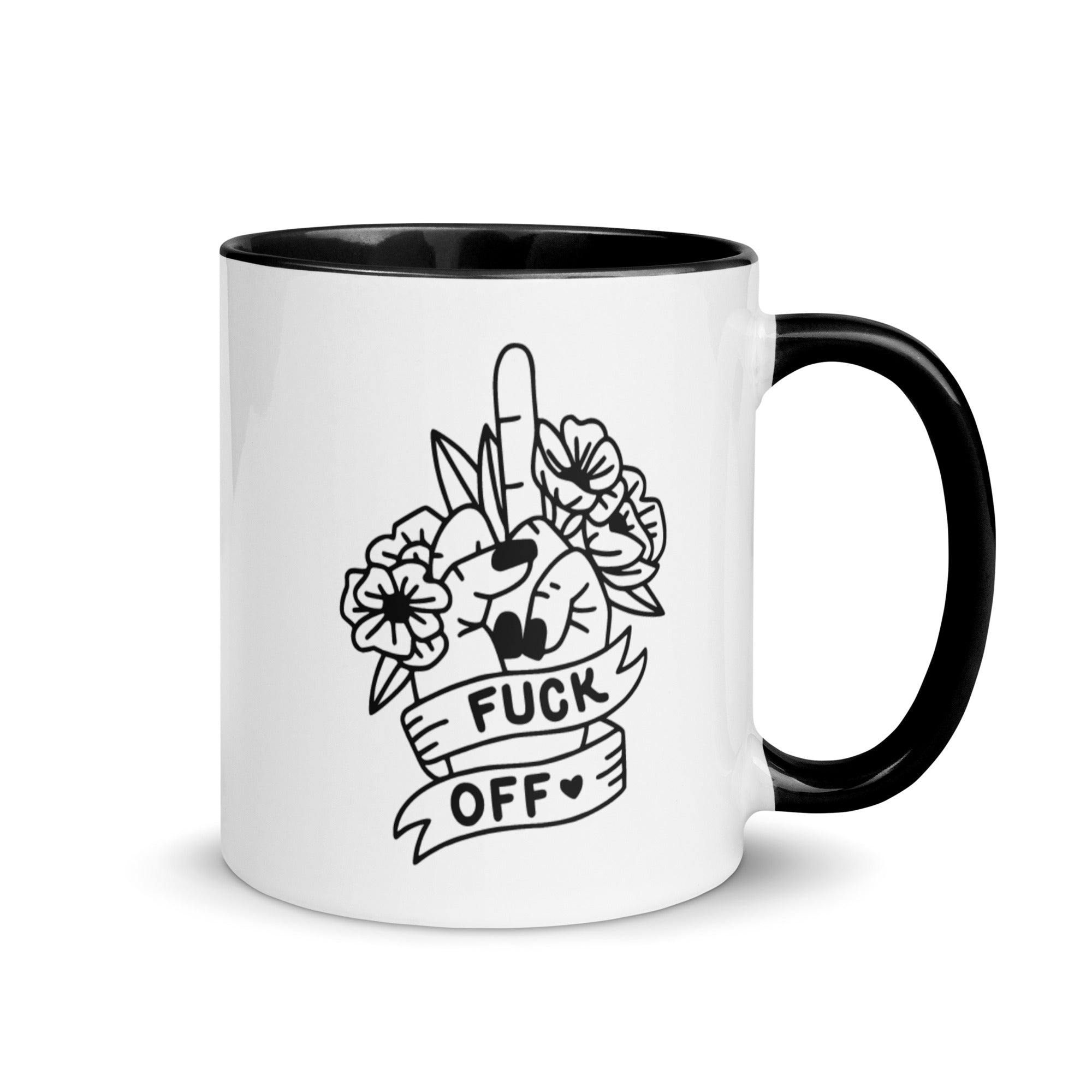 Colorful ceramic Fuck Off Mug with vibrant rim and handle, perfect for coffee or tea.