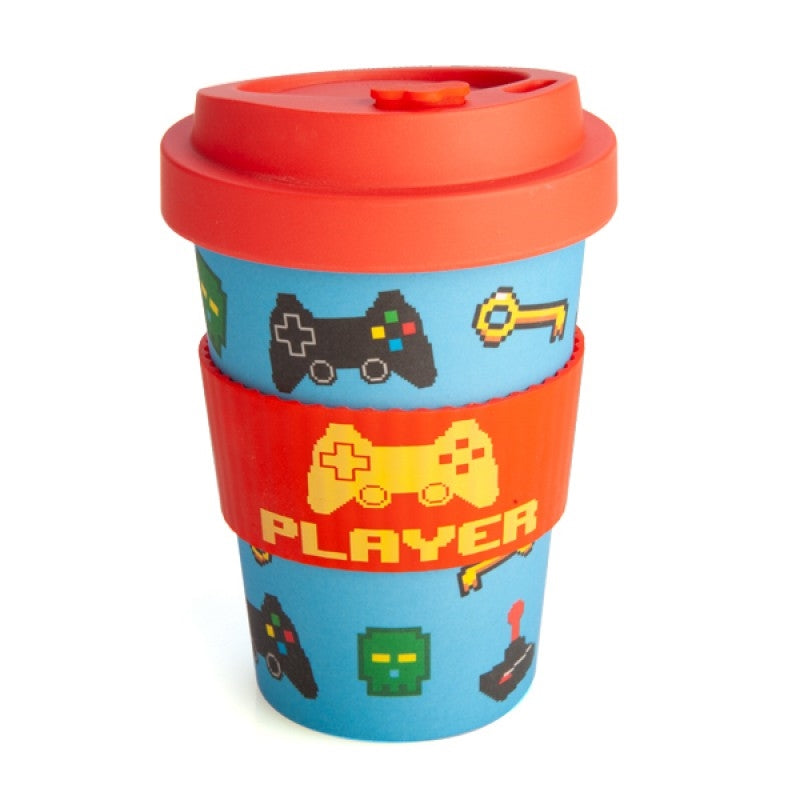 Gamer Eco-to-Go Bamboo Cup featuring pixel art gaming icons on a blue background with a red anti-spill lid and silicone band.
