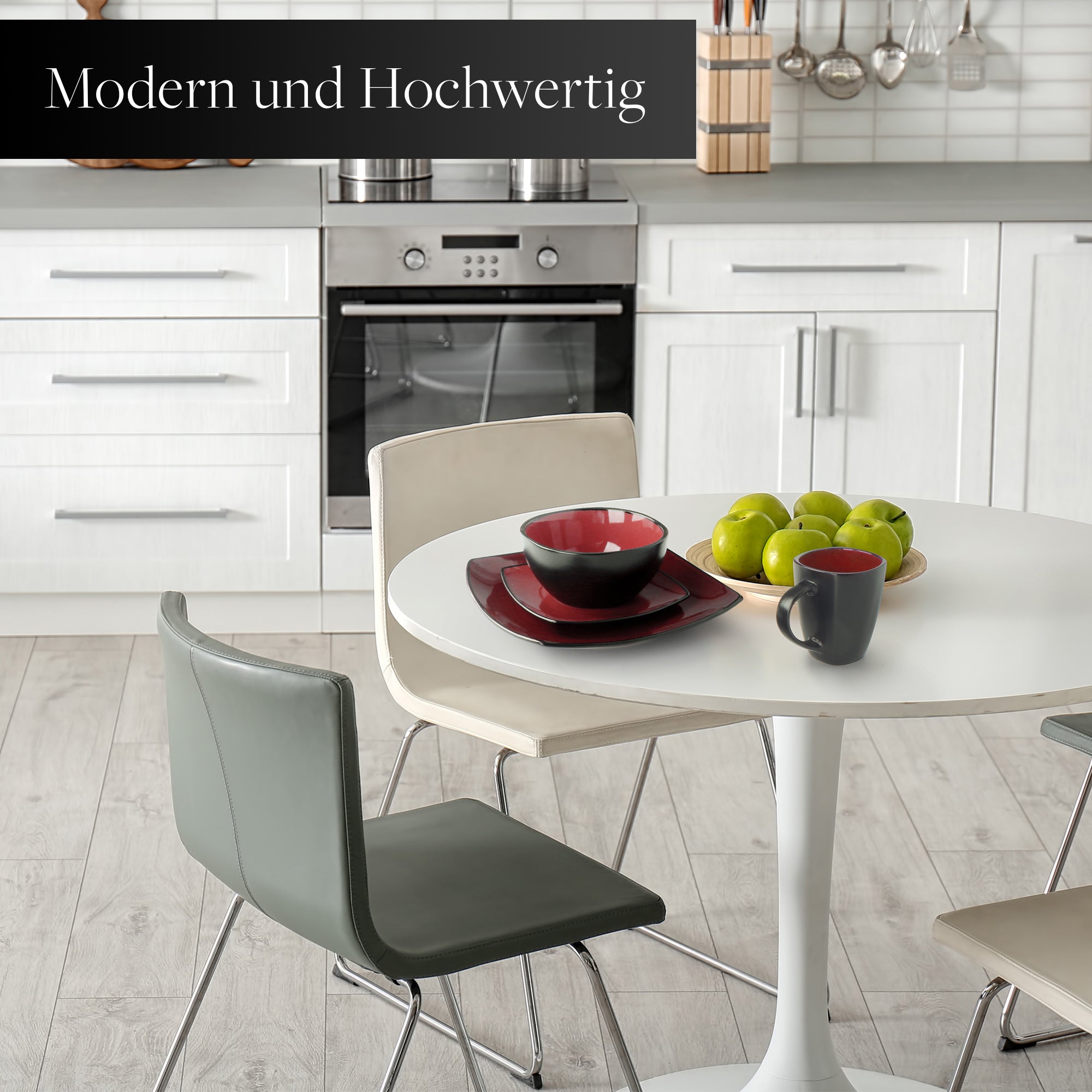 16-teiliges Geschirr Set Marsili Kollektion in modernem Design, bestehend aus Tellern, Schalen und Tassen, ideal für jeden Anlass.