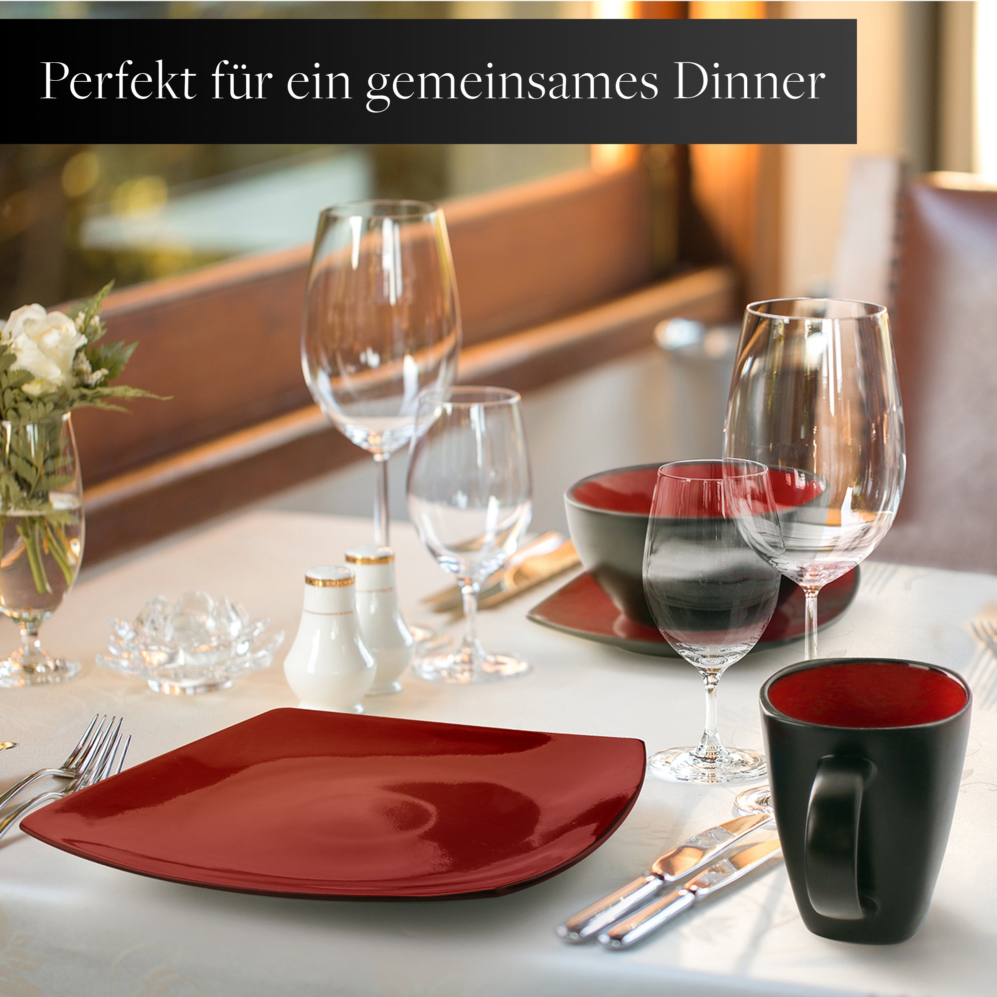 16-teiliges Geschirr Set Marsili Kollektion in modernem Design, bestehend aus Tellern, Schalen und Tassen, ideal für jeden Anlass.