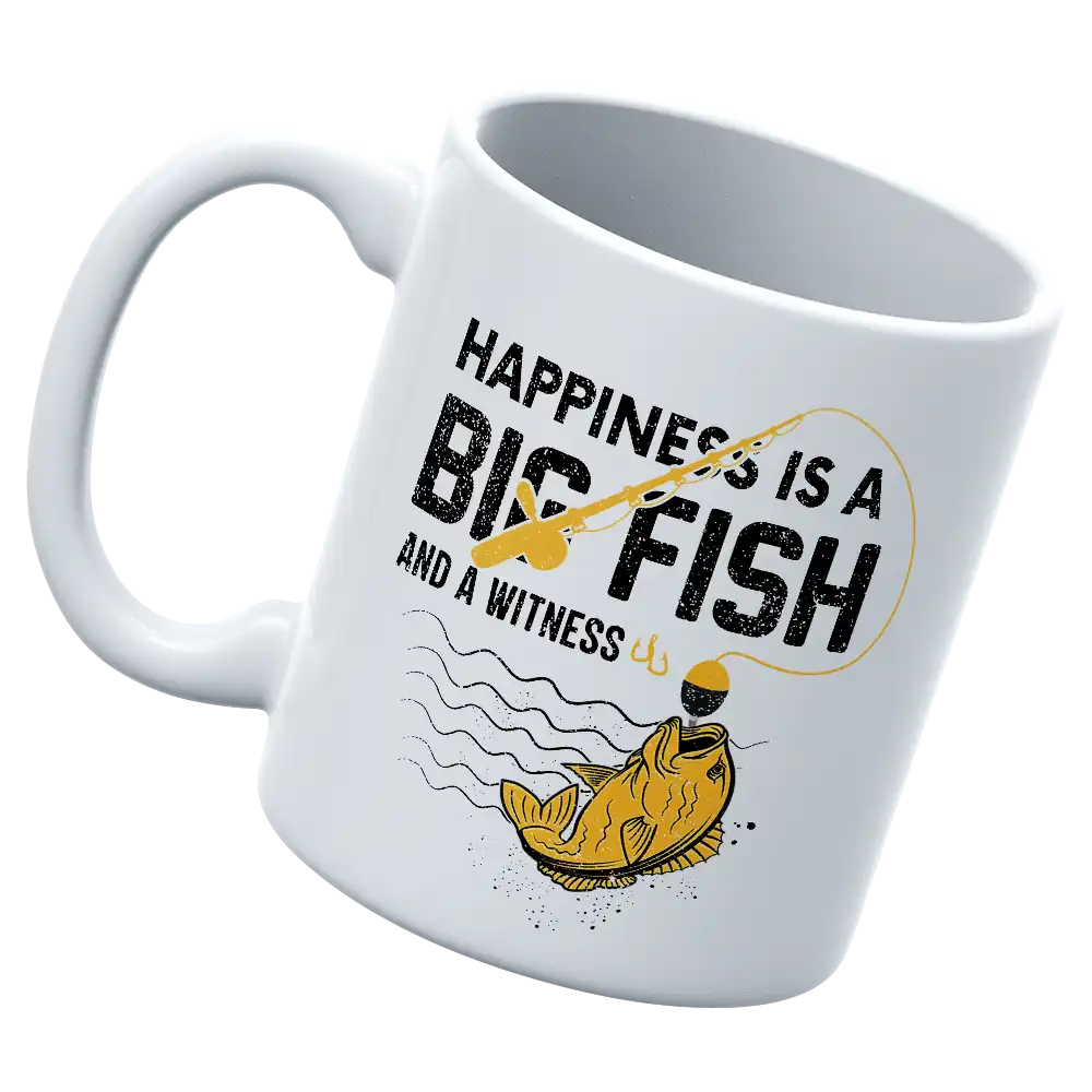 Happiness is a Big Fish 11oz Mug with vibrant UV printed design, showcasing a cheerful fish motif on a white ceramic background.